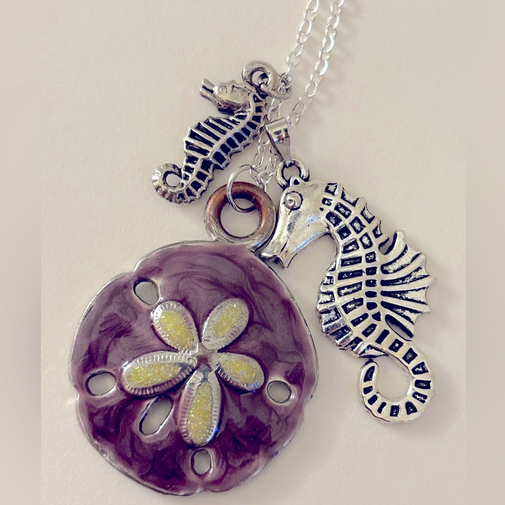 Necklace Enameled Sand-dollar purple yellow,  2 silvertone Seahorse charms 1.5”